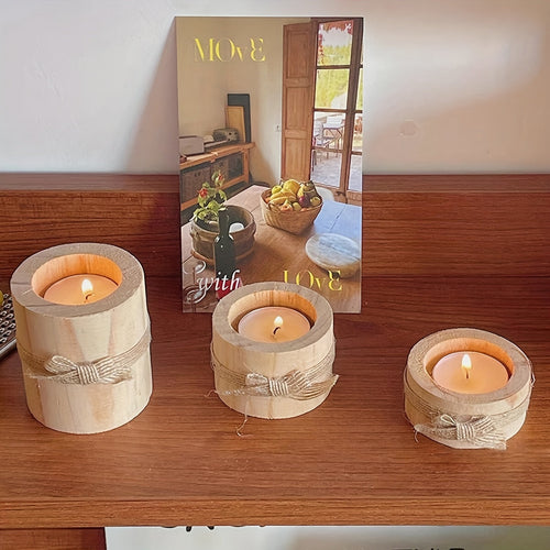 Elegant Wooden Cylindrical Candlesticks Set Handmade Home Decor