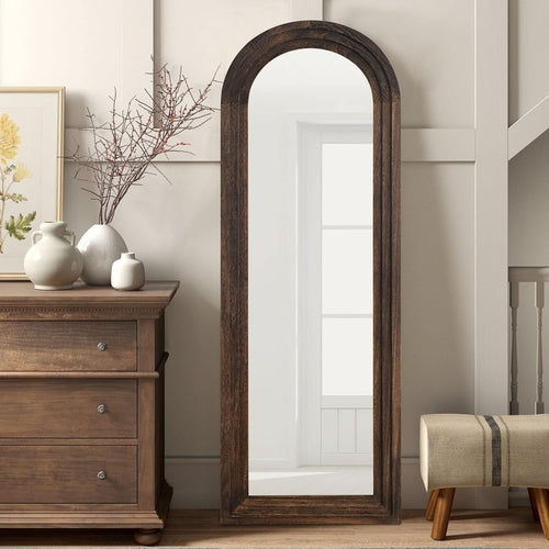 Wooden Arched Floor Mirror with Distressed Style - Wall Mounted Wide