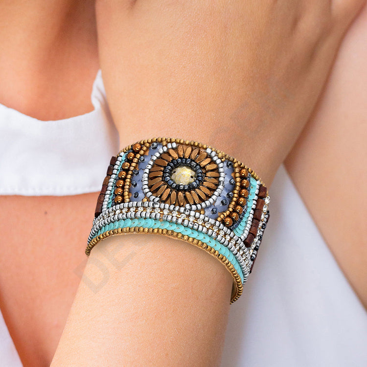 Colorful Bohemian Boho Seed Bead Loom Bracelet, Ethnic Large Cuff