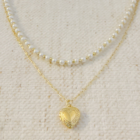 Pearls And Heart Locket Layered Necklace