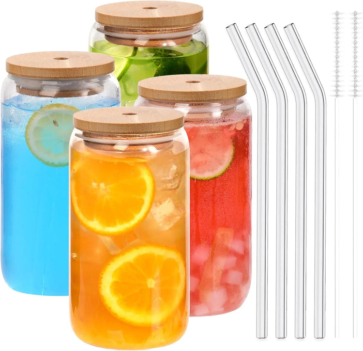18.6oz 540ML Drinking Glasses Can Shaped Glass Cups with Bamboo Lids