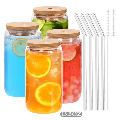 18.6oz 540ML Drinking Glasses Can Shaped Glass Cups with Bamboo Lids