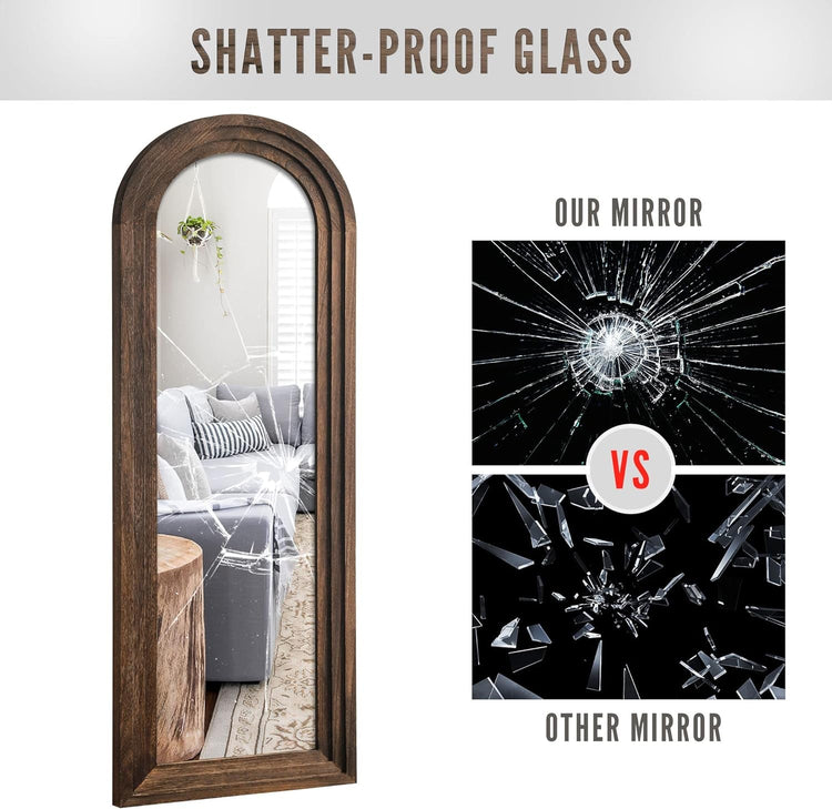 Wooden Arched Floor Mirror with Distressed Style - Wall Mounted Wide