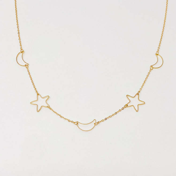 Moon And Star Necklace, Gold