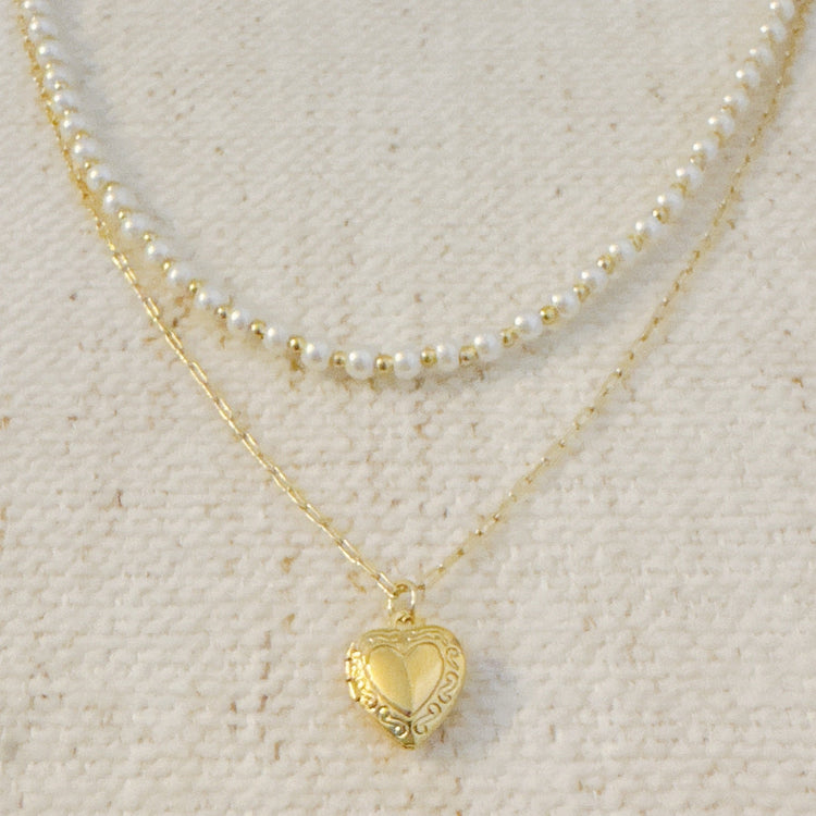 Pearls And Heart Locket Layered Necklace
