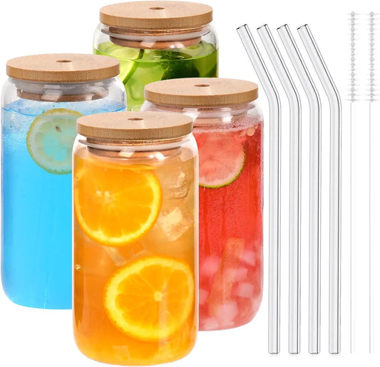 18.6oz 540ML Drinking Glasses Can Shaped Glass Cups with Bamboo Lids
