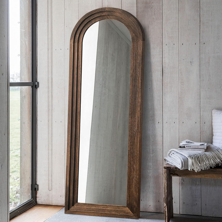 Wooden Arched Floor Mirror with Distressed Style - Wall Mounted Wide